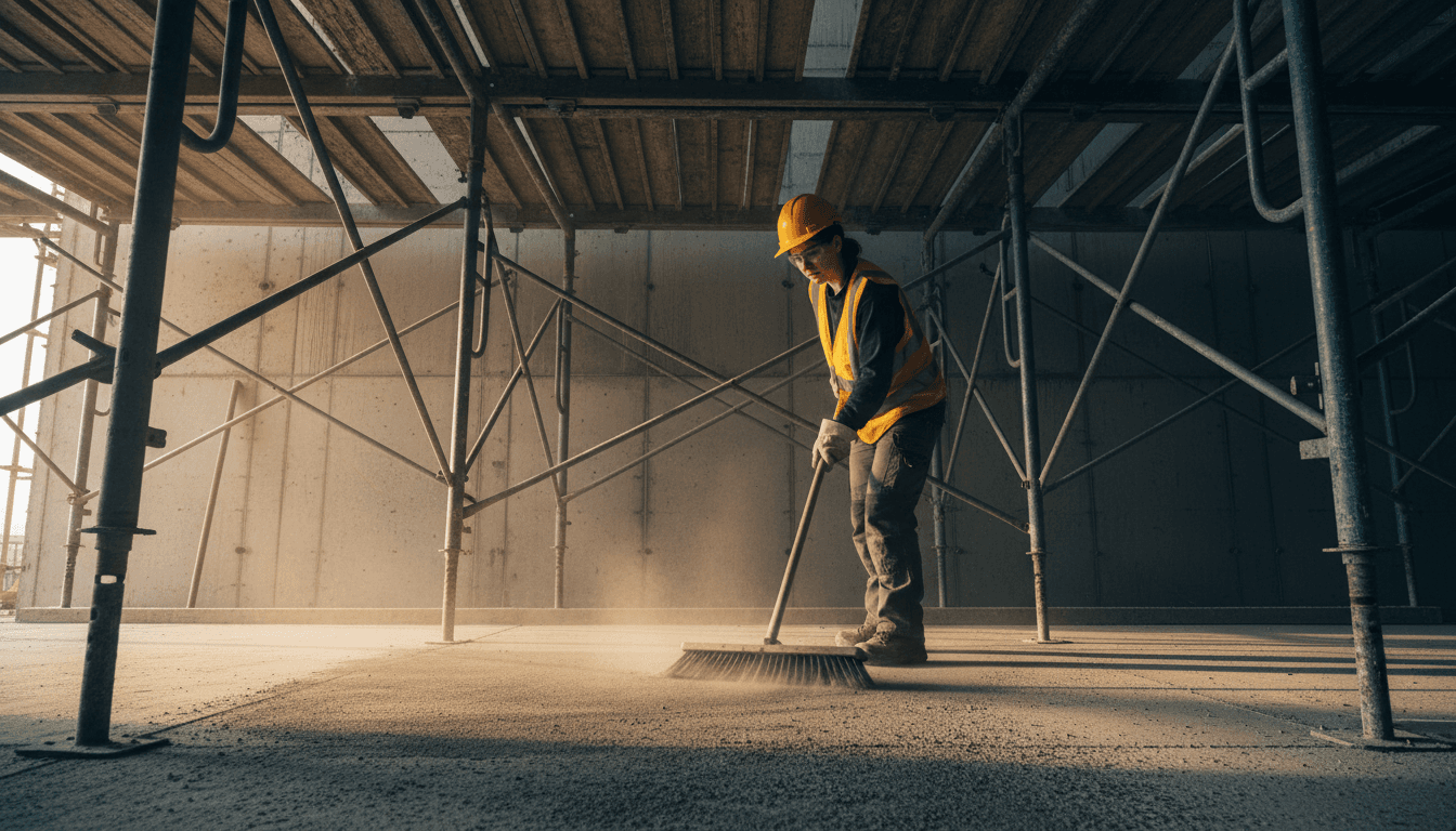 Female construction site cleaner at work with broom and protective gear