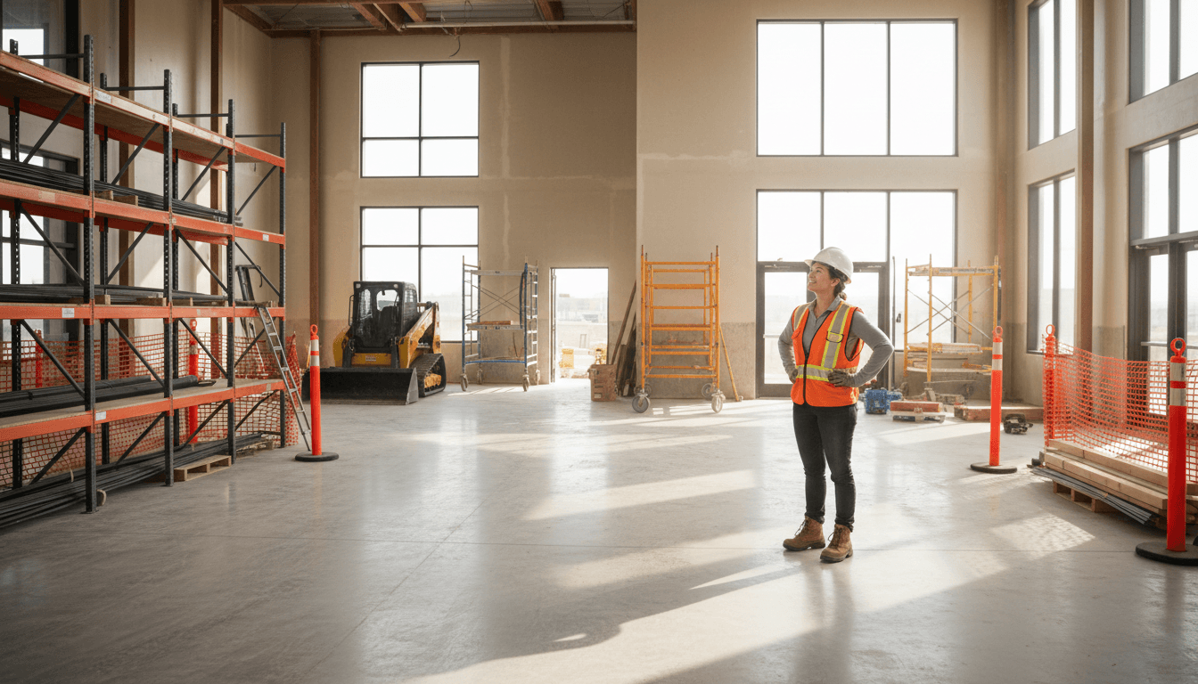 Construction site after professional cleaning with clear organized workspace