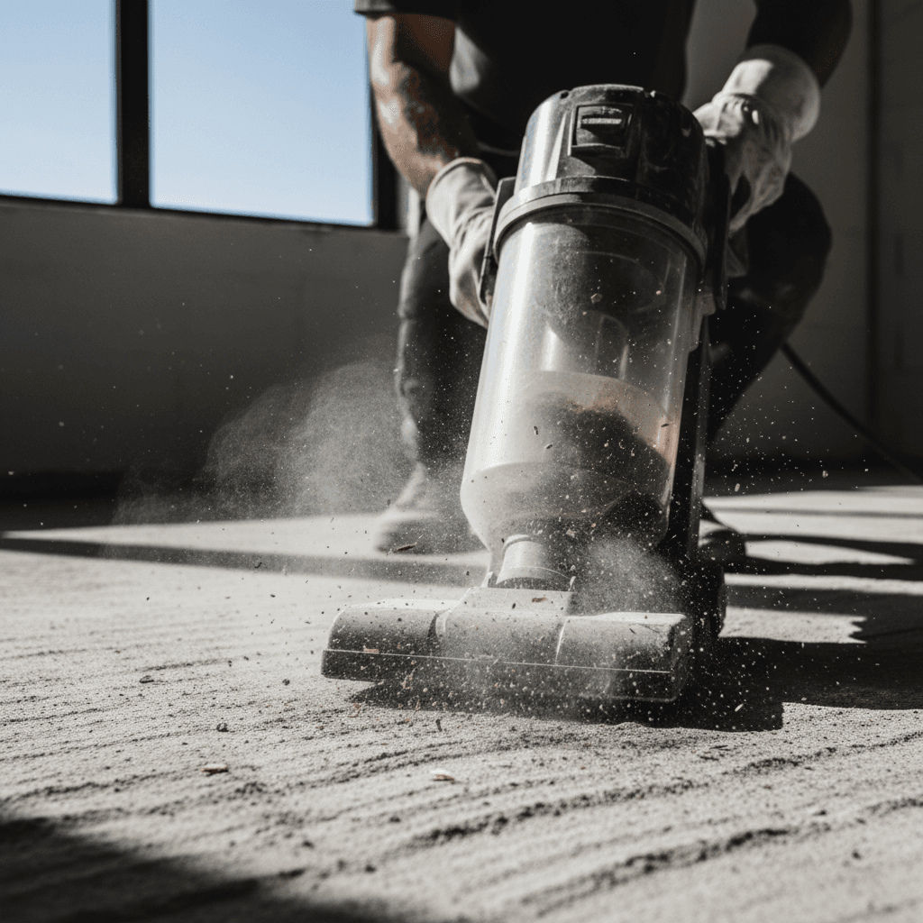 Construction worker performing detailed site cleanup with vacuum equipment
