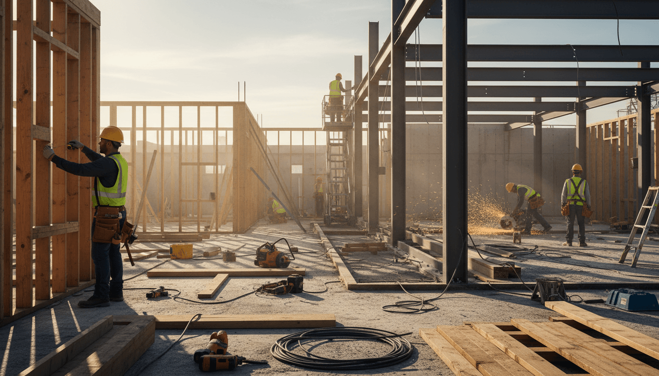 Construction site during active work with building frame and equipment visible