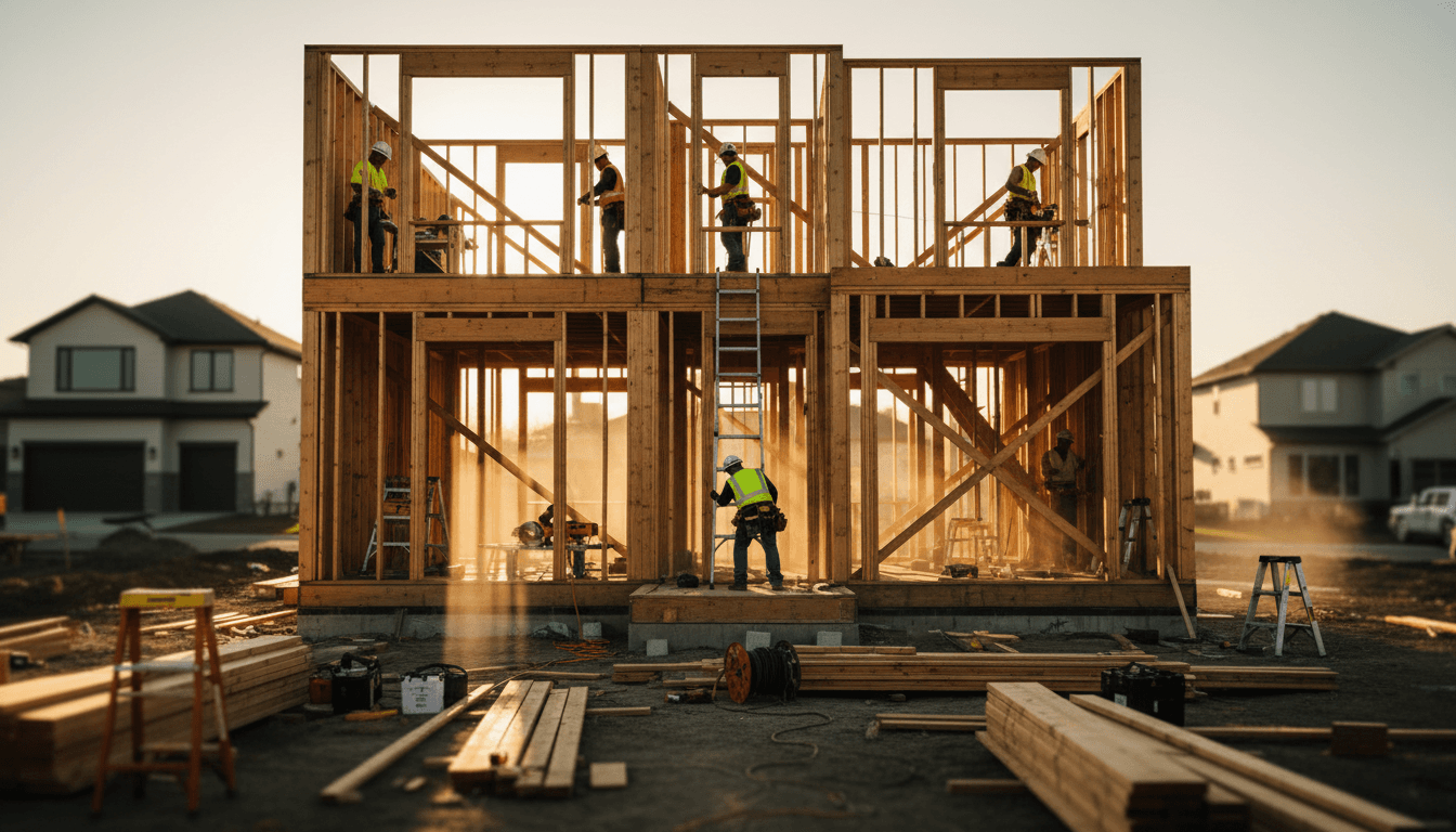 Construction site being cleaned with worker pushing broom across concrete floor during golden hour