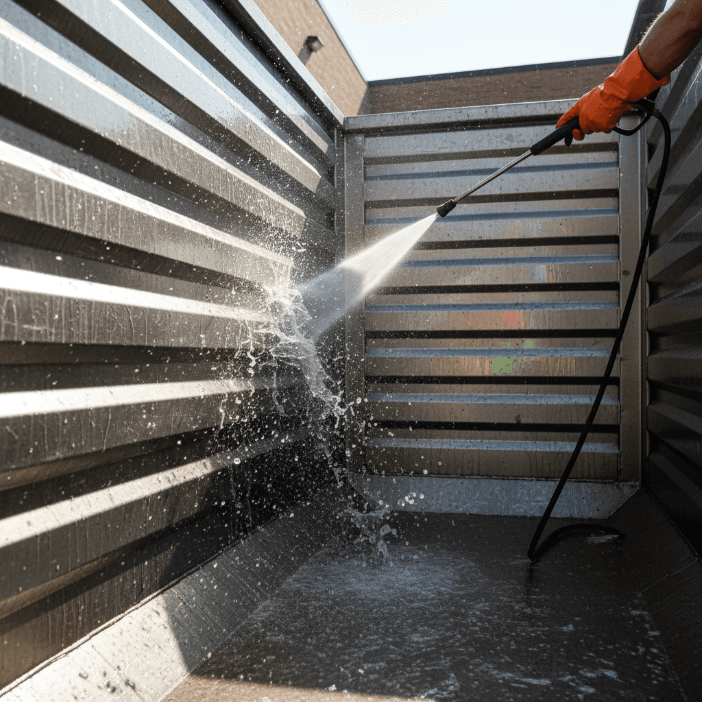 Construction site cleaning in progress with pressure washer