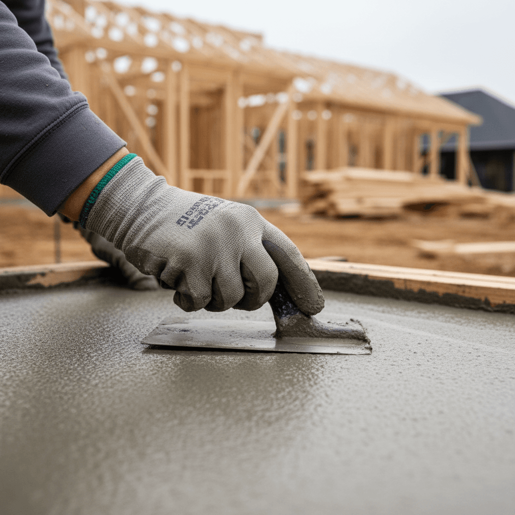Construction cleaning professional scrubbing concrete surface on active job site
