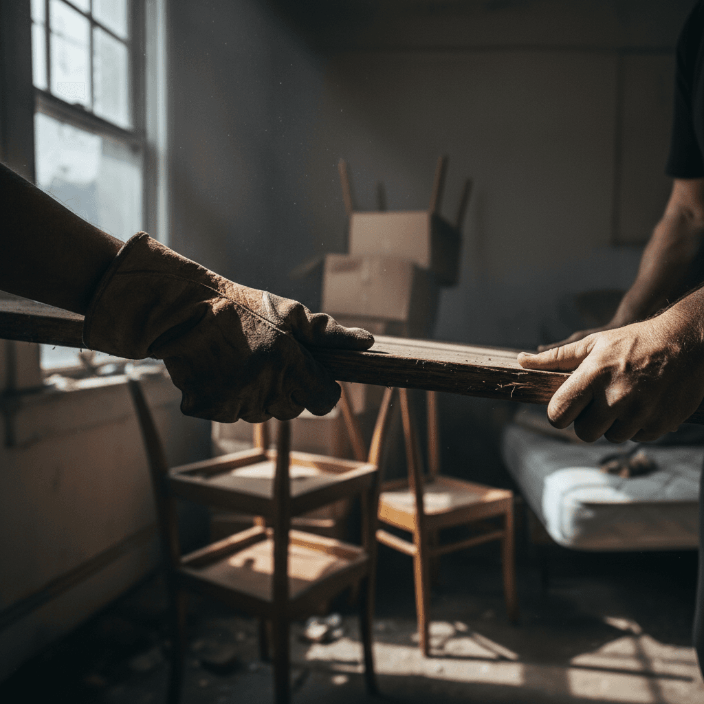 Worker performing comprehensive construction site cleanup in large interior space